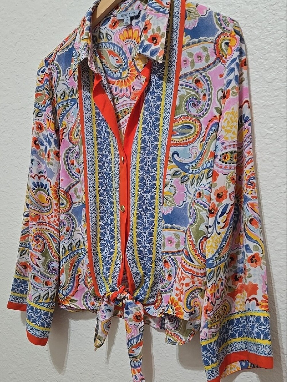 Floral And Ivy Boho Paisley Tie-Front Bell Sleeves Button Shirt - Orange Multi - Picture 5 of 12